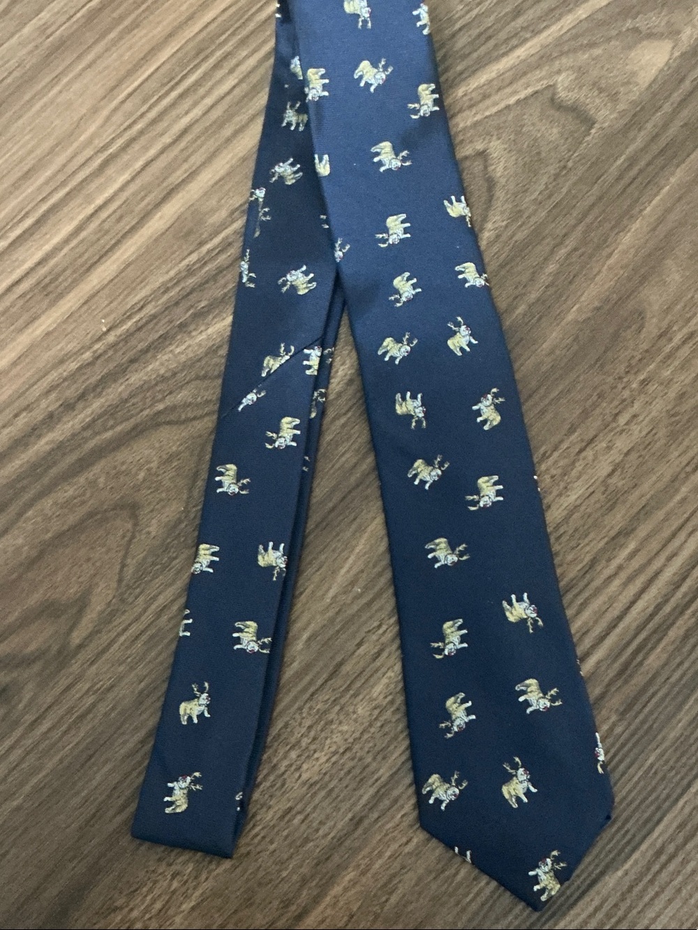 J. Crew Navy Men's Necktie bulldogs with antlers and red nose Christmas tie